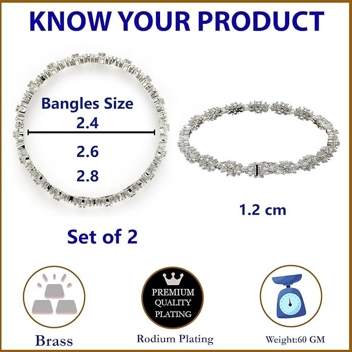 ZENEME Rhodium-Plated Silver Toned White American Diamond Studded Bangle Set for Women and Girls - Image 2