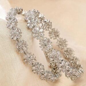 ZENEME Rhodium-Plated Silver Toned White American Diamond Studded Bangle Set for Women and Girls