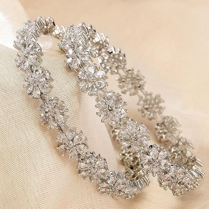 ZENEME Rhodium-Plated Silver Toned White American Diamond Studded Bangle Set for Women and Girls