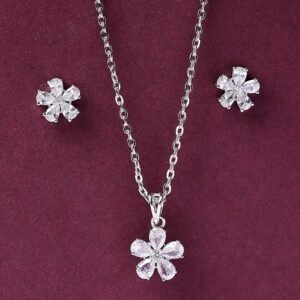 Visit the ZENEME Store ZENEME Rhodium Plated Silver Toned American Diamond Studded Floral Shaped Pendant Chain With Earrings Jewellery Set For Women And Girls